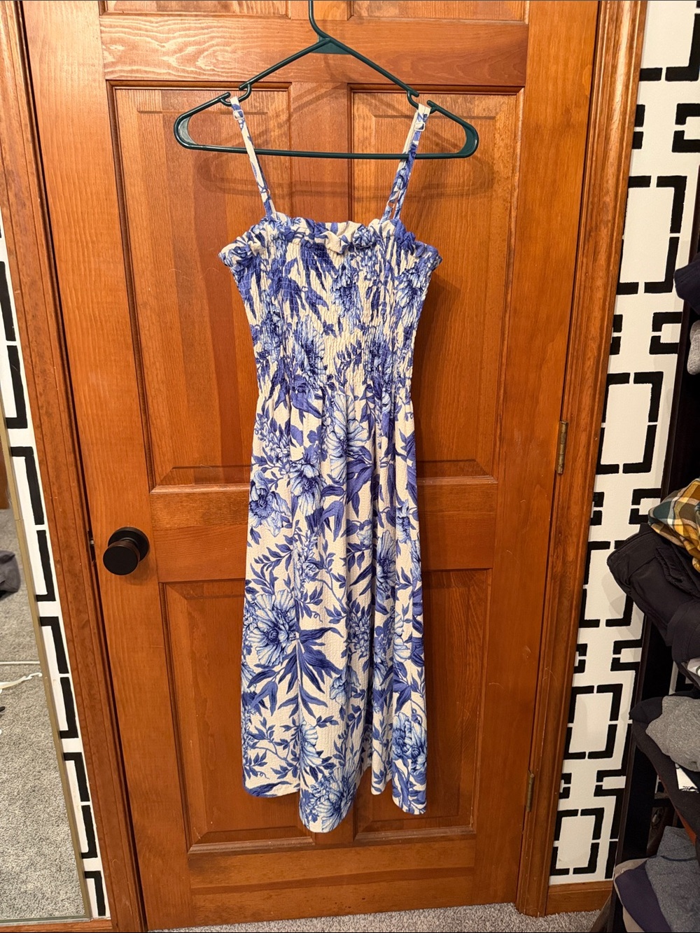 Blue Floral Smocked Midi Dress - Women's